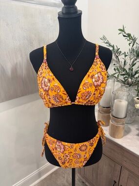Shade & Shore Yellow Jeweled Paisley Floral Tie-Side Bikini Top & Bottom Set